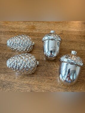 Set of 4 Decorative Silver Tone (mercury glass?)Acorns and Pinecones